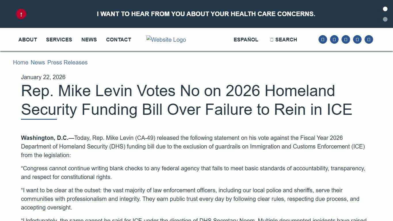 Rep. Mike Levin Votes No on 2026 Homeland Security Funding Bill Over Failure to Rein in ICE U.S. Congressman Mike Levin